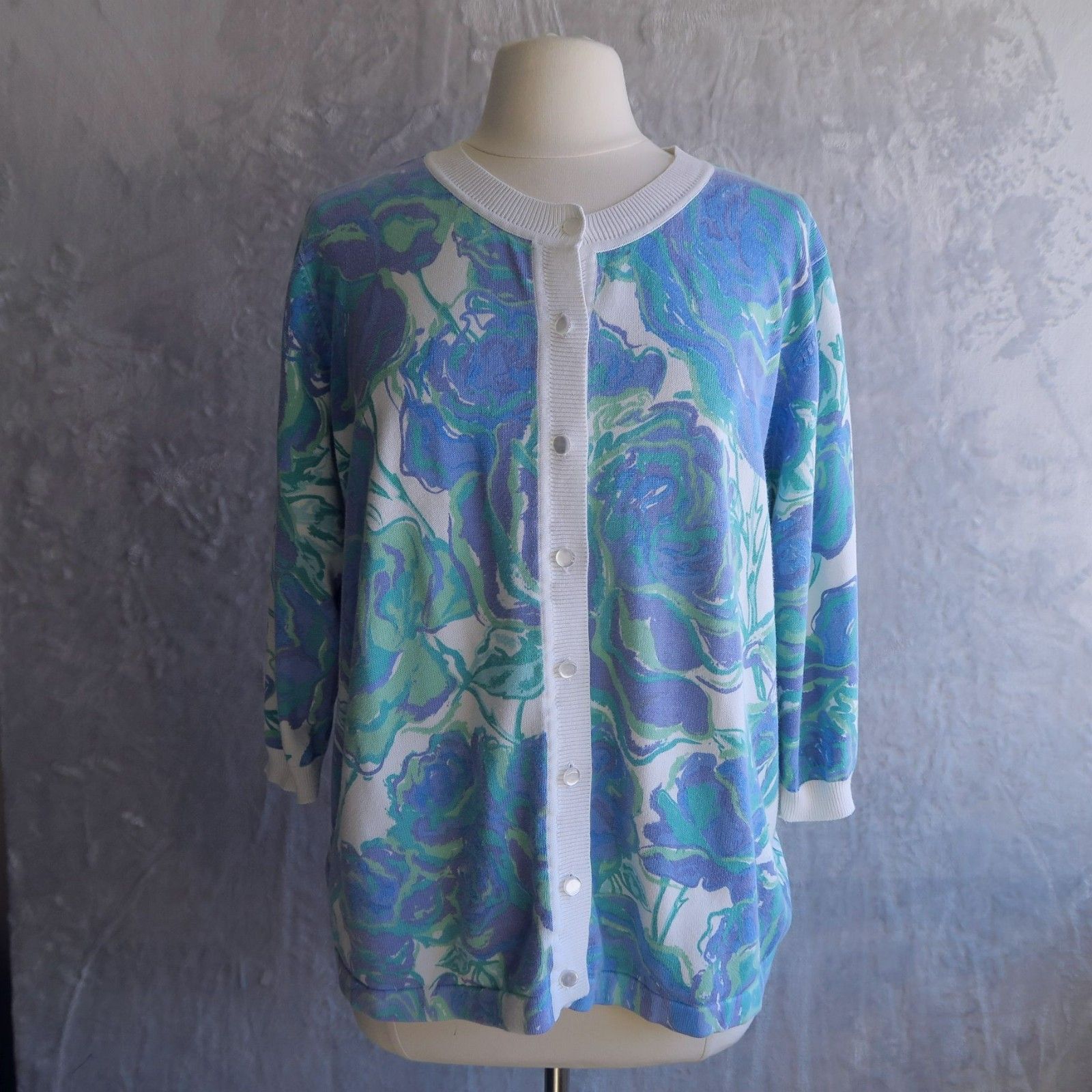 Bob Mackie Wearable Art Blue Floral Cardigan Size Xl 3/4 Sleeve White Contrast